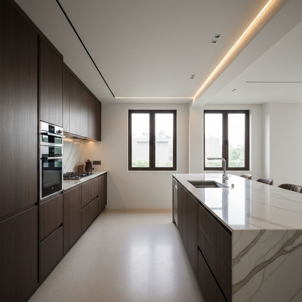 Luxury modular kitchen with dark wood cabinets and marble countertop